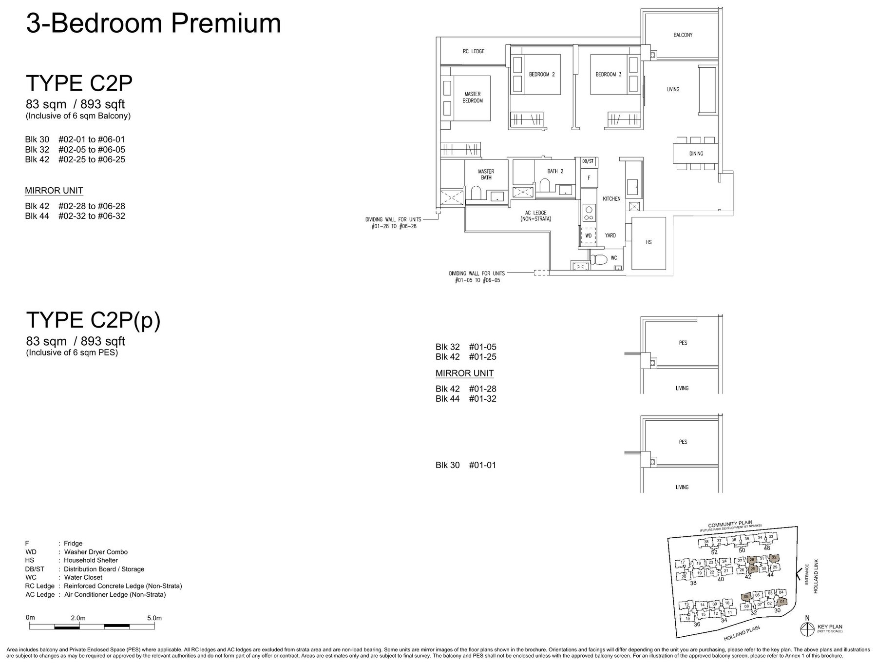 3 Bedroom Premium (C2P) — 893 sqft floor plan